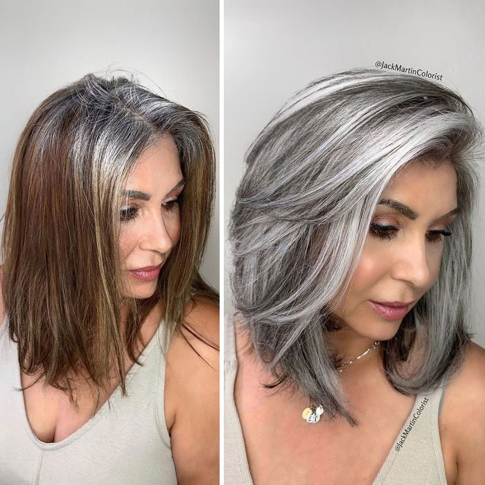 Mujer posando de perfil mostrando su cabellera castaña a gris plateado