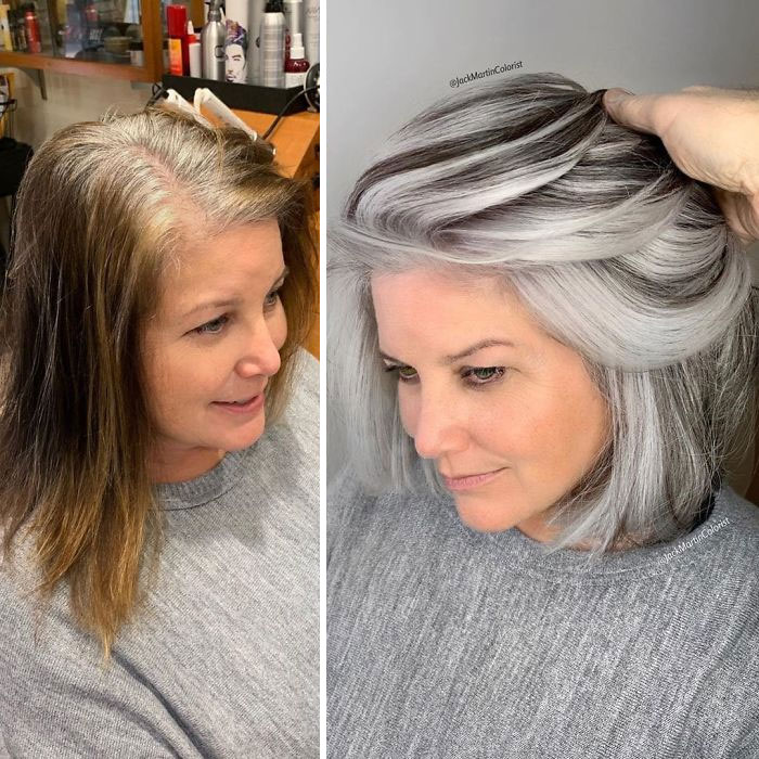 Mujer mostrando su cambio de look de castaño dorado a gris pateado
