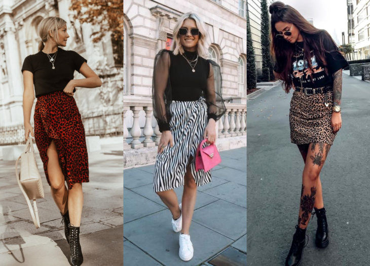 Outfits con prendas de animal print de leopardo, cebra, y jaguar, falda roja y blanca