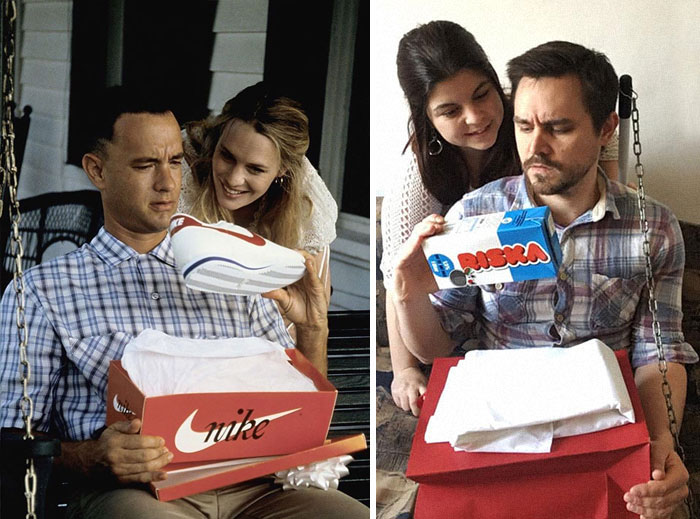 Fanni y Norbert recreando la imagen publicitaria de Forrest Gump