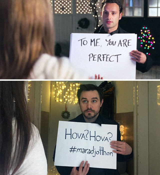 Fanni y Norbert recreando la imagen publicitaria de Love Actually