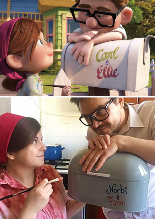 Fanni y Norbert recreando una escena de la película Up, una aventura de altura