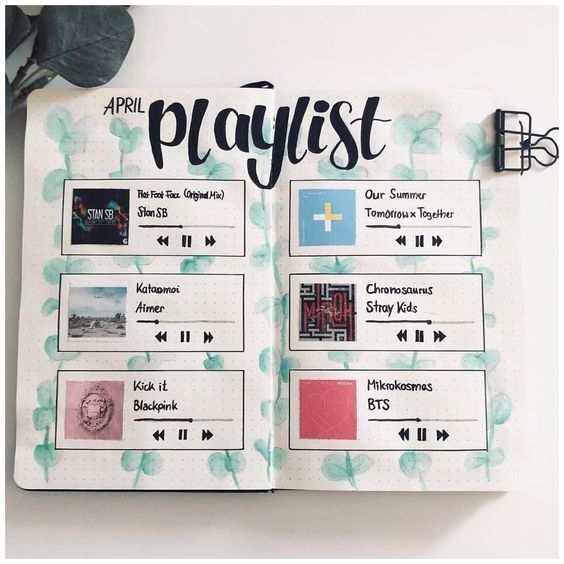 Portada de libreta con una lista de reproducción de artistas pop