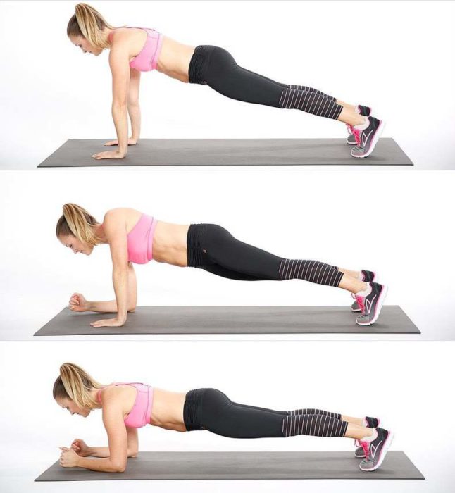 Mujer realizando plancha con subida y bajada