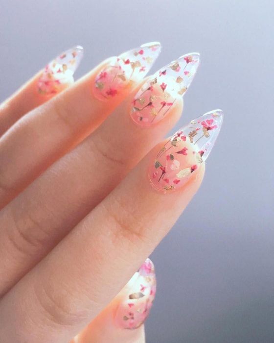 Diseño de manicura en fondo transparente con figuras de flores