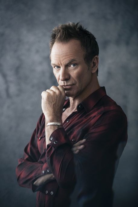 Sting posando con una mano en la barbilla y mirando fijamente a una cámara