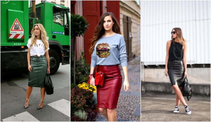 Chicas usando falda lápiz de cuero en colores verde, negro y vino