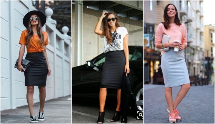Chicas con falda lápiz usando tenis y stilettos
