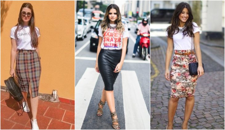 Chicas usando falda lápiz de diversos tipos de tela