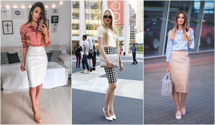 Chicas con falda lápiz y camisas elegantes para el trabajo
