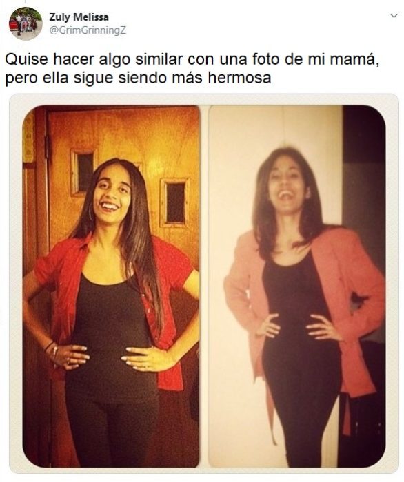 Chica recreando la foto de su madre con conjunto negro y blazer rojo cereza