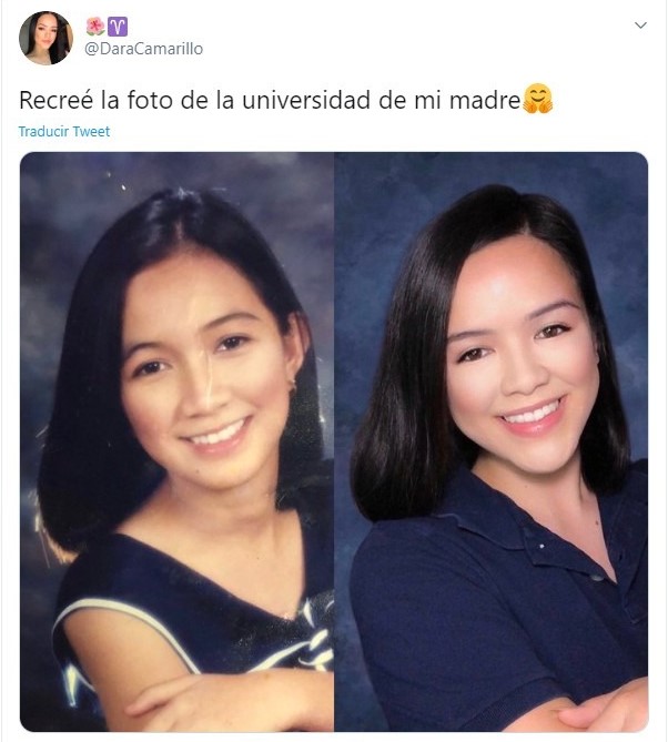 Chica recreando la foto del anuario de su mamá con blusa azul marino y cabello corto hasta los hombros
