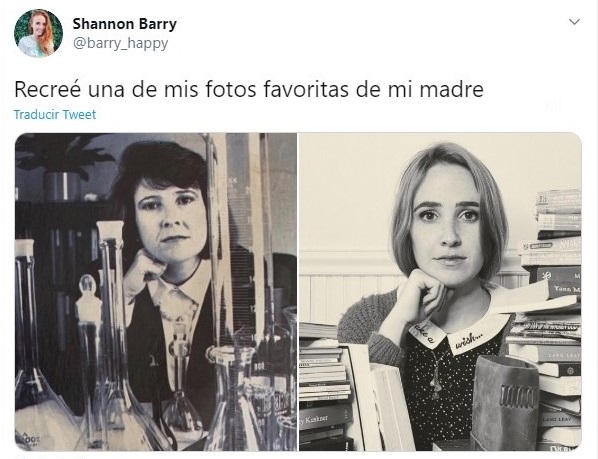 Chica recreando la foto de su mamá dentro de un laboratorio de ciencias