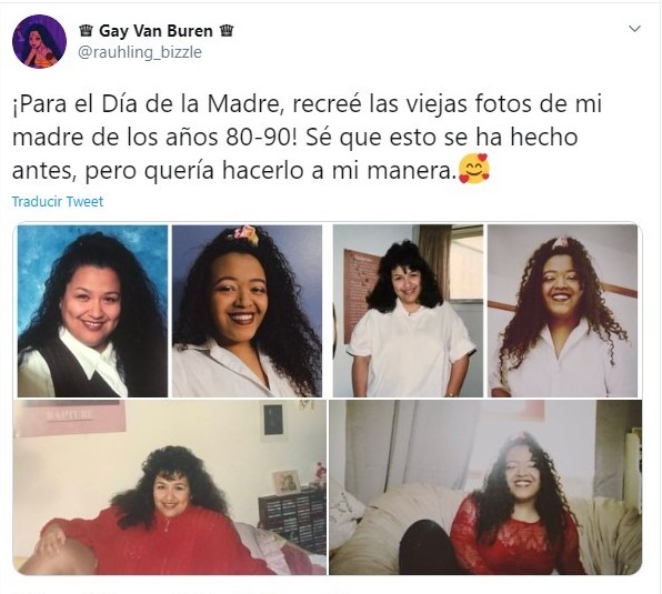 Chica recreando fotografías de su mamá con cabello rizado, suéter rojo y playera blanca