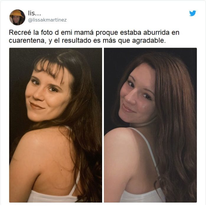 Chica recreando la foto de su mamá con cabello largo y blusa de tirantes blanca