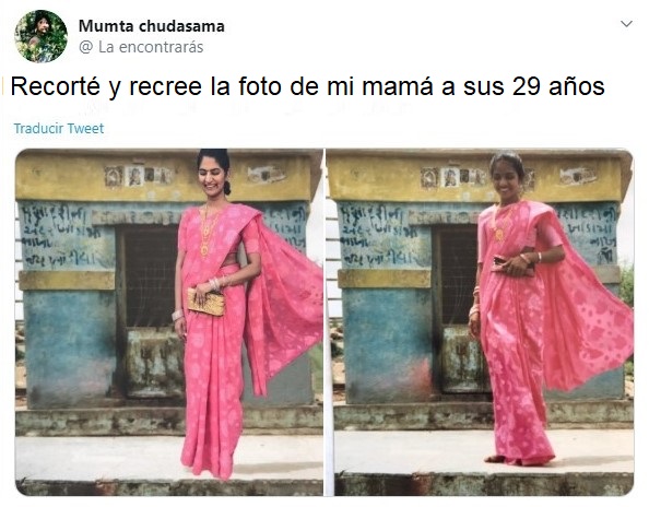 Chica hindú recreando la foto de su mamá con vestido típico de la India en color rosa fucsia