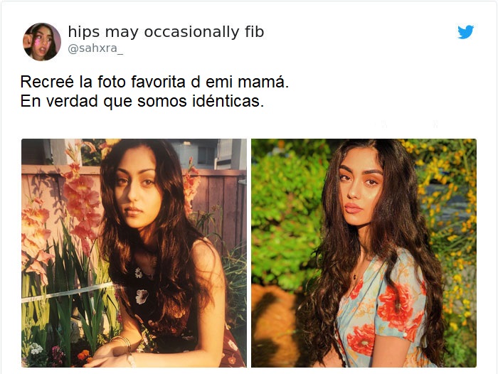 Chica recreando una foto de su mamá en el jardín durante la primavera
