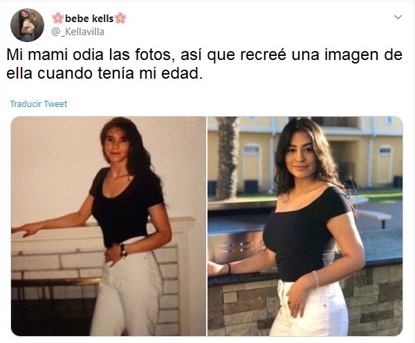 Chica recreando la foto de su mamá con pantalón blanco y blusa negra