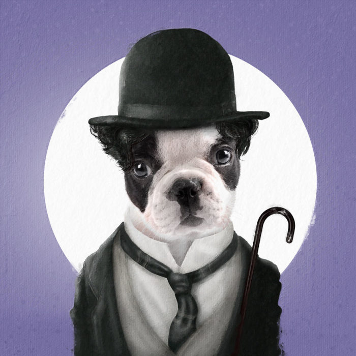 Perro pig vestido como Charles Chaplin