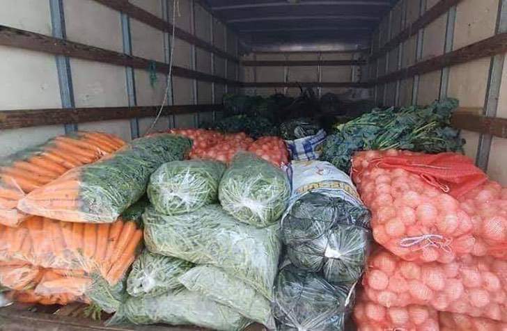 Bolsas con alimento como aguacate, papas, zanahorias y calabazas dentro de la caja de un camión