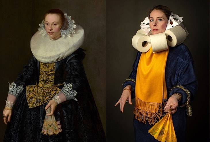 mujer imitando una pintura, y su vestuario usando papel higiénico