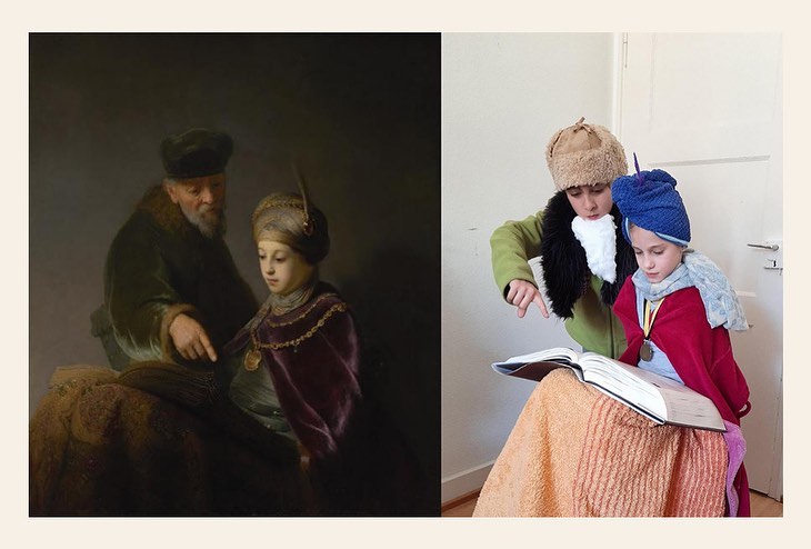 Niños rehaciendo una obra de arte en la que leen un libro