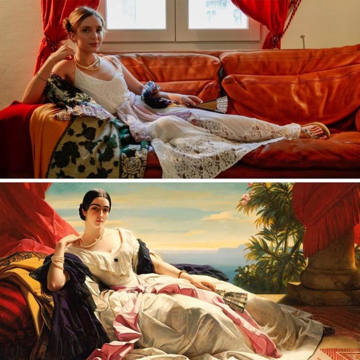Mujer imitando una pintura con cosas que tiene en casa