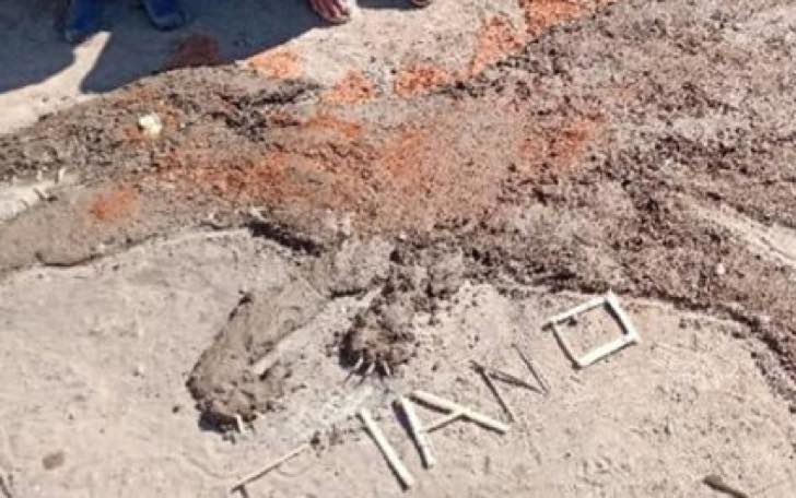 Dinosaurio hecho de barro con ladrillo sobre una superficie de tierra