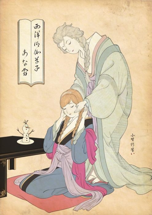 Elsa y Ana pintadas con la técnica de Ukiyo-e