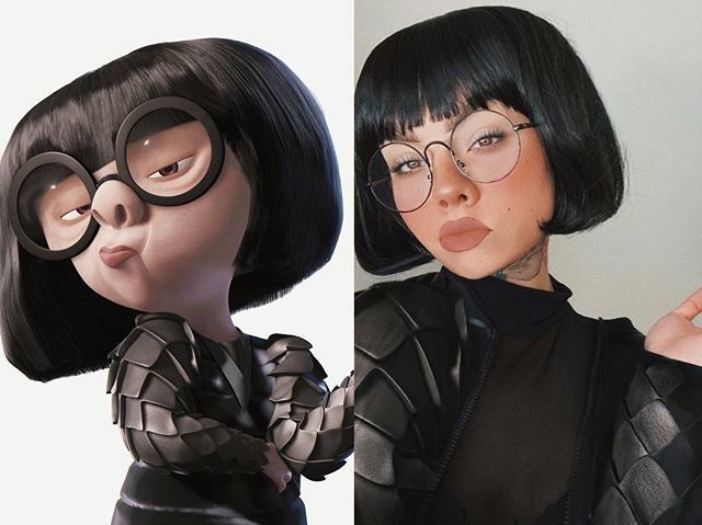 Chica con maquillaje inspirado en Edna Moda de Los Increíbles