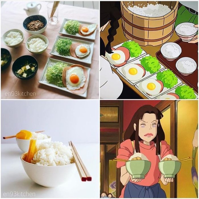 Recreación de comida de películas de Studio Ghibli, arroz y huevo