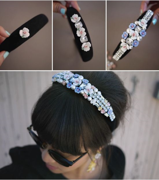 Diadema decorada con piedras y flores pequeñas