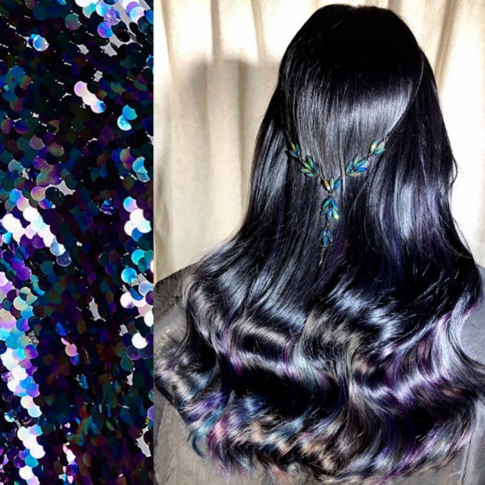 Ursula Goff, estilista crea tintes basados en naturaleza y obras de arte; cabello negro con destellos morados, rosas y azules, lentejuelas