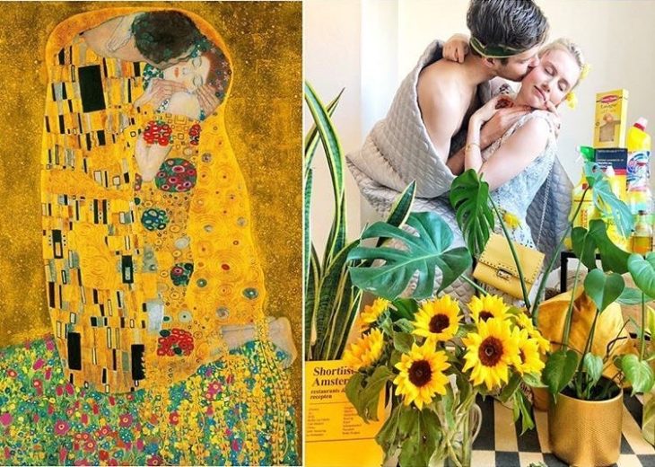 Pareja recreando cuadro 'El beso' de Gustav Klimt