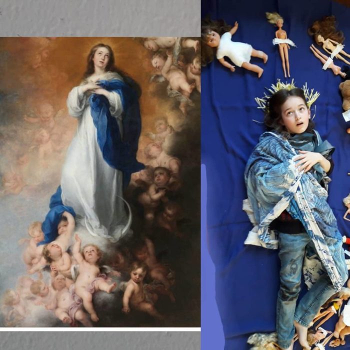 Réplique con muñecas barbies de La Inmaculada Concepción de los Venerables de Murillo.
