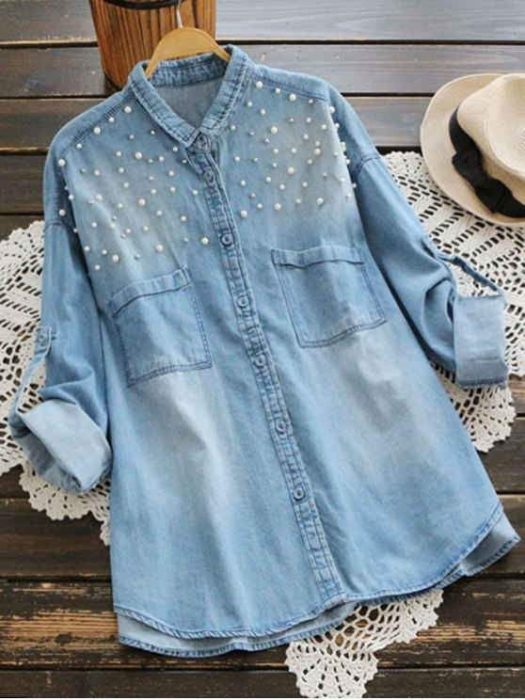 Camisa tipo denim con perlitas