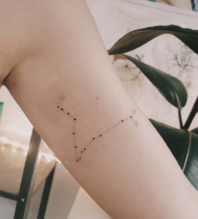 Tatuaje de la constelación de Piscis en el brazo con tinta negra