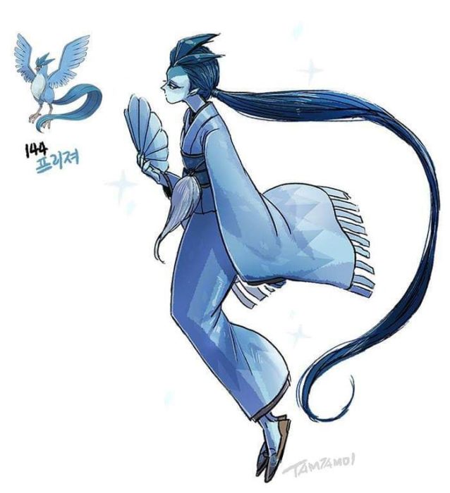 Dibujo de pokémon articuno con su versión en persona