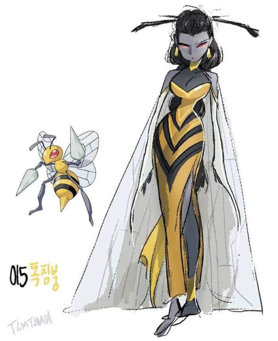 Dibujo de pokémon beedrill con su versión en persona