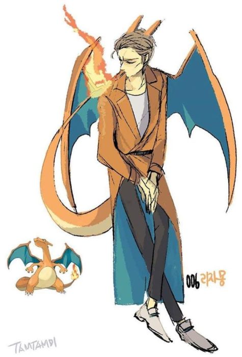 Dibujo de pokémon charizard con su versión en persona