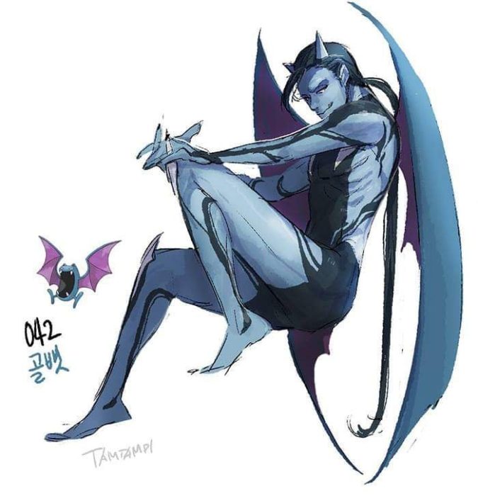 Dibujo de pokémon golbat con su versión en persona