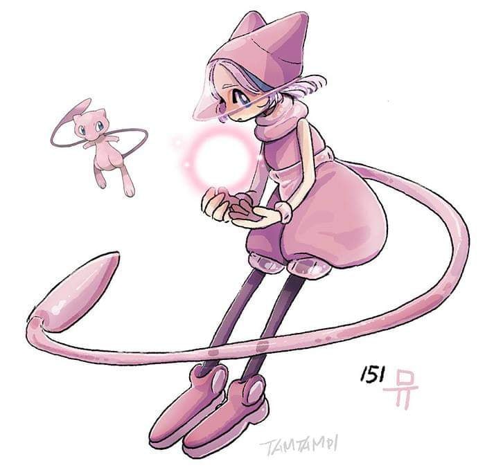 Dibujo de pokémon mew con su versión en persona