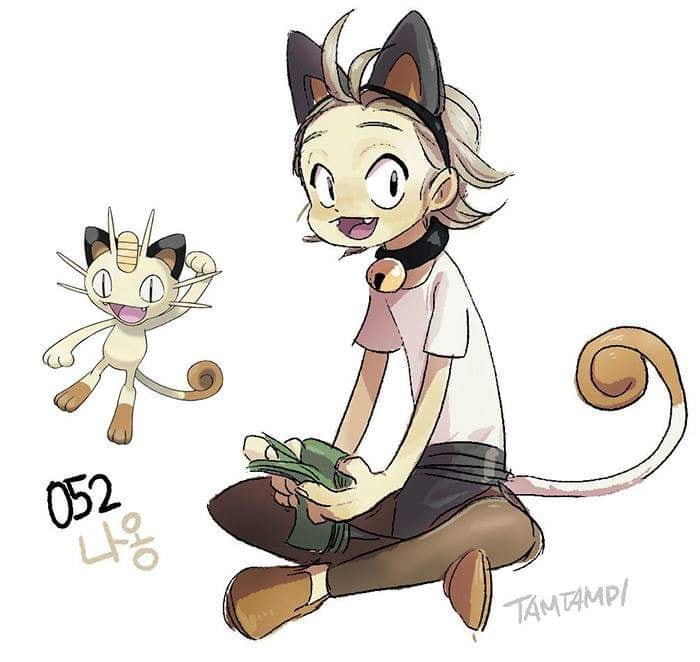Dibujo de pokémon meowth con su versión en persona