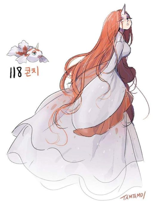 Dibujo de pokémon goldeen con su versión en persona