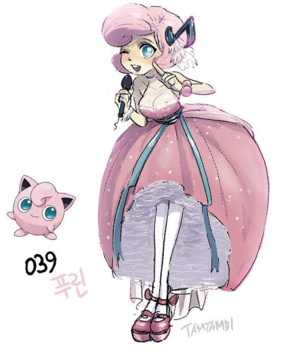 Dibujo de pokémon jigglypuff con su versión en persona