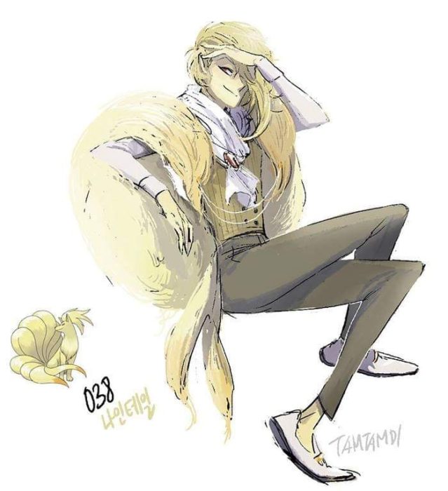 Dibujo de pokémon ninetales con su versión en persona