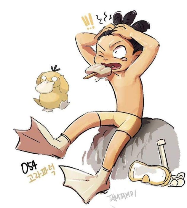 Dibujo de pokémon psyduck con su versión en persona