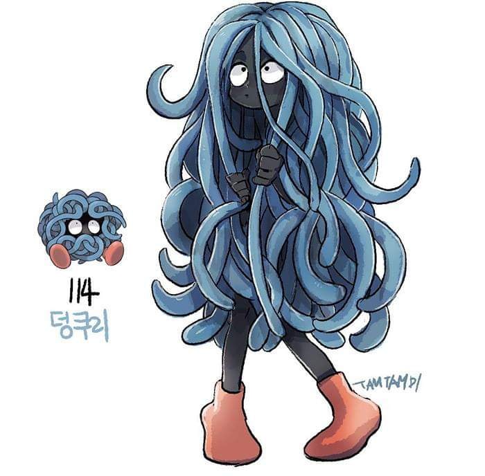 Dibujo de pokémon tangela con su versión en persona