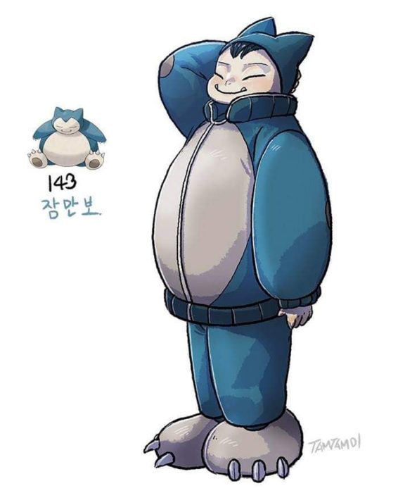 Dibujo de pokémon snorlax con su versión en persona