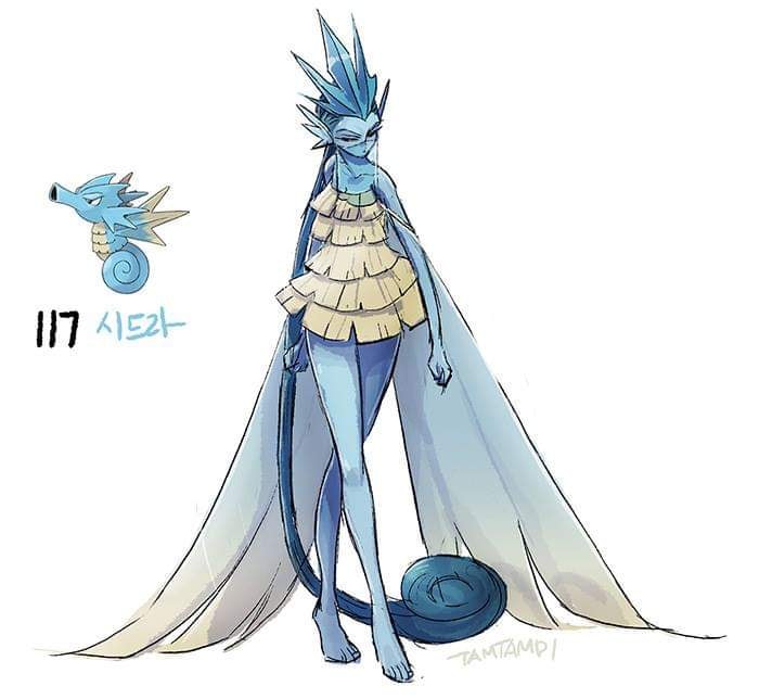Dibujo de pokémon seadra con su versión en persona